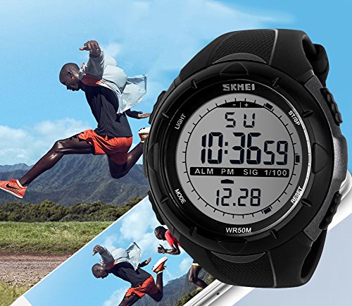 para la práctica de Deportes Reloj Digital - 5 Bares Impermeable Militar de los Relojes Digitales con Alarma/Sig, Negro Grande Cara al Aire Libre Deporte LED Reloj de Pulsera para Hombres por BHGWR