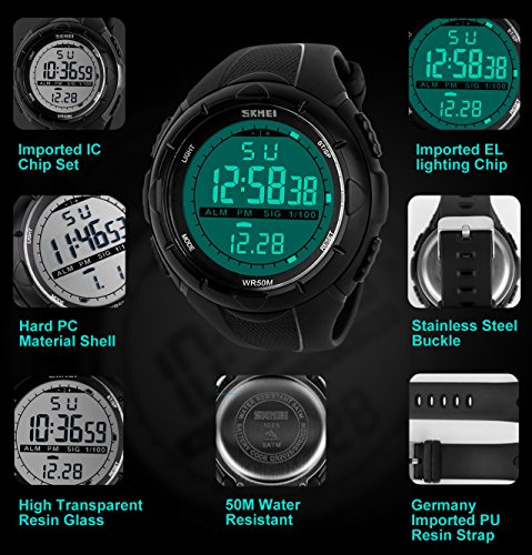 para la práctica de Deportes Reloj Digital - 5 Bares Impermeable Militar de los Relojes Digitales con Alarma/Sig, Negro Grande Cara al Aire Libre Deporte LED Reloj de Pulsera para Hombres por BHGWR