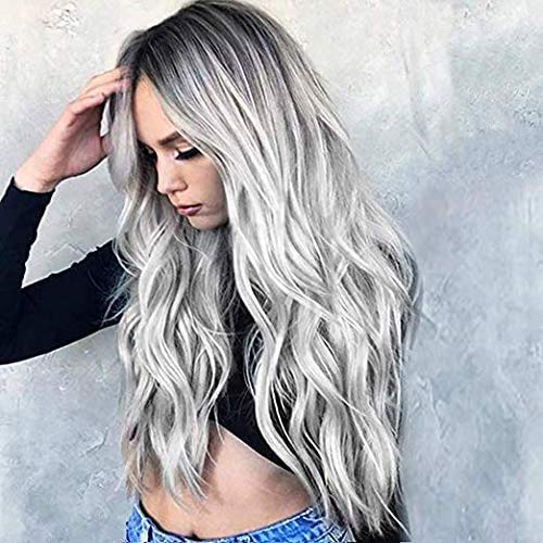 Pelucas de onda gris plateado para mujer con raíces oscuras, largas onduladas, resistentes al calor, para uso diario, fiestas, Halloween, aspecto natural (gris oscuro degradado)