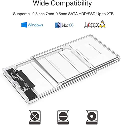 POSUGEAR Carcasa Disco Duro 2.5" USB 3.0, Caja Disco Duro Externo de HDD SSD SATA I/II/III de 7mm 9.5mm de Altura, Sopporta UASP, No Requiere Herramientas, con Cable USB3.0 [Transparente]