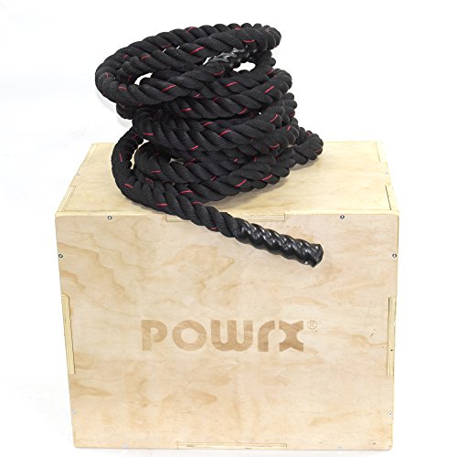 POWRX Battle Rope 9M x 50mm - Cuerda de Batalla Ideal para »Functional Fitness« - Agarre Antideslizante + PDF Workout (Negro)