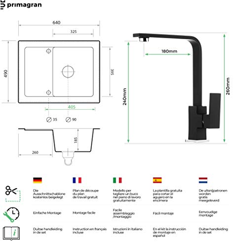 PRIMAGRAN Fregadero de Granito - Ibiza, Lavabo Cocina Un Seno + Mezclador de Fregadero + Sifón Automático, Fregadero Empotrado 64 x 49 cm, Negro