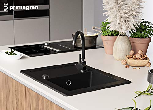 PRIMAGRAN Fregadero de Granito - Ibiza, Lavabo Cocina Un Seno + Mezclador de Fregadero + Sifón Automático, Fregadero Empotrado 64 x 49 cm, Negro