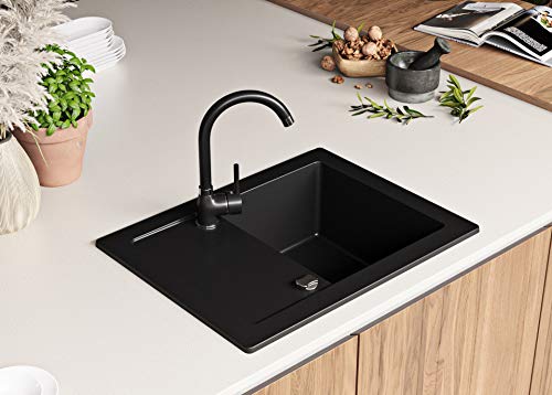 PRIMAGRAN Fregadero de Granito - Ibiza, Lavabo Cocina Un Seno + Mezclador de Fregadero + Sifón Automático, Fregadero Empotrado 64 x 49 cm, Negro