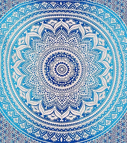 RAJRANG BRINGING RAJASTHAN TO YOU Blue Ombre Indian Wall Hanging - Hippie Mandala Tapiz Bohemia Colcha Ethnic Dorm Decor - Azul - 213 x 137 cm