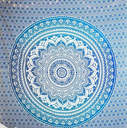 RAJRANG BRINGING RAJASTHAN TO YOU Blue Ombre Indian Wall Hanging - Hippie Mandala Tapiz Bohemia Colcha Ethnic Dorm Decor - Azul - 213 x 137 cm