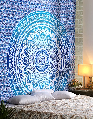 RAJRANG BRINGING RAJASTHAN TO YOU Blue Ombre Indian Wall Hanging - Hippie Mandala Tapiz Bohemia Colcha Ethnic Dorm Decor - Azul - 213 x 137 cm