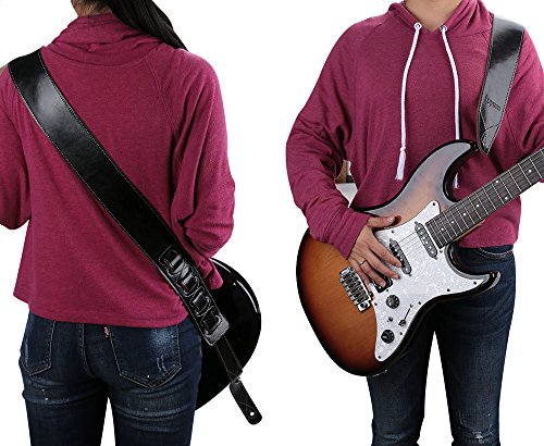 Rayzm Correa de guitarra o bajo con forro de terciopelo, Correa de piel auténtica para guitarras electricas o acusticas y bajos. 6,5cm de ancho, longitud ajustable entre 108 cm y 140 cm