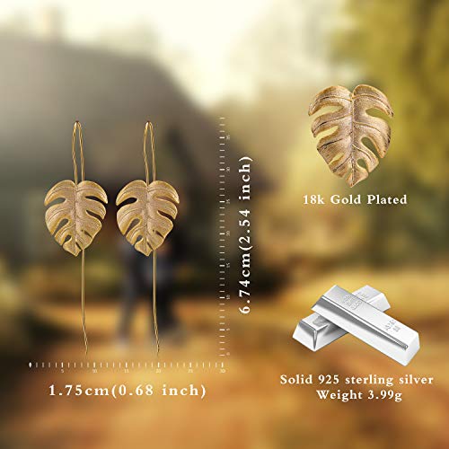 ♥ Regalo para Navidad♥ JIANGYUYAN Pendientes colgantes de plata esterlina S925 Pendientes colgantes de hojas de Monstera para mujeres y niñas, regalo de joyería único hecho a mano(Gold)