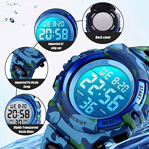 Reloj digital para niños, Chico Relojes deportivos impermeables para niño con alarma/cronómetro/12-24 h, Relojes de pulsera para niños jóvenes adolescentes LED electrónico - Camuflaje