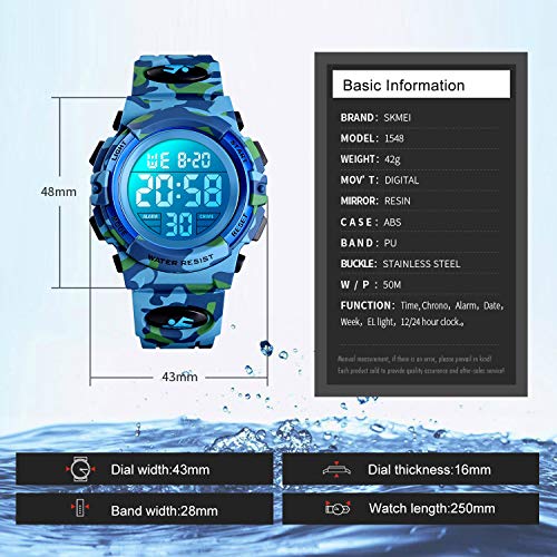 Reloj digital para niños, Chico Relojes deportivos impermeables para niño con alarma/cronómetro/12-24 h, Relojes de pulsera para niños jóvenes adolescentes LED electrónico - Camuflaje