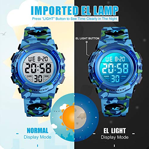 Reloj digital para niños, Chico Relojes deportivos impermeables para niño con alarma/cronómetro/12-24 h, Relojes de pulsera para niños jóvenes adolescentes LED electrónico - Camuflaje