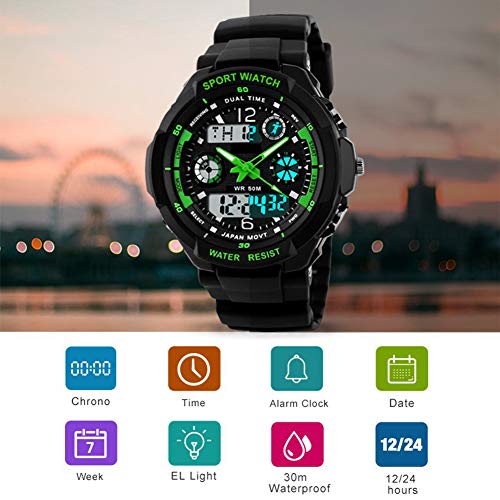 Reloj digital para niños con 12/24 horas/Alarma/cronómetro, niños deportes al aire libre analógico relojes de pulsera para adolescentes niños regalos verde