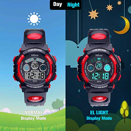 Reloj Digital para Niños,Niños Niñas 50M (5ATM) Impermeable 7 Colores LED Relojes Deportivos Multifuncionales para Exteriores con Alarma (Negro Rojo)