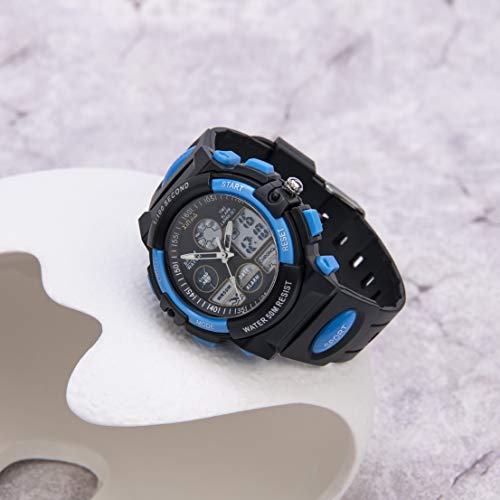 Reloj para Niños, Reloj de Pulsera Analógico Digital Reloj Deportivo 50M Impermeable para Exteriores con Alarma/Cronómetro/luz LED para Adolescentes (Negro-Azul)