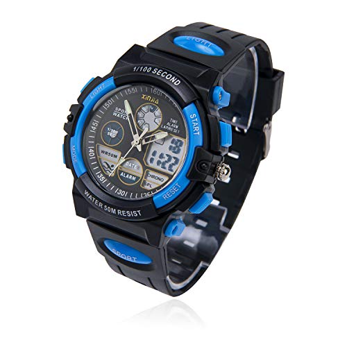 Reloj para Niños, Reloj de Pulsera Analógico Digital Reloj Deportivo 50M Impermeable para Exteriores con Alarma/Cronómetro/luz LED para Adolescentes (Negro-Azul)