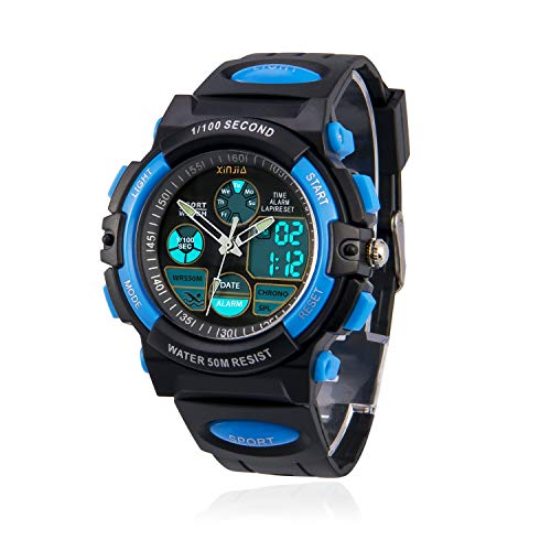 Reloj para Niños, Reloj de Pulsera Analógico Digital Reloj Deportivo 50M Impermeable para Exteriores con Alarma/Cronómetro/luz LED para Adolescentes (Negro-Azul)