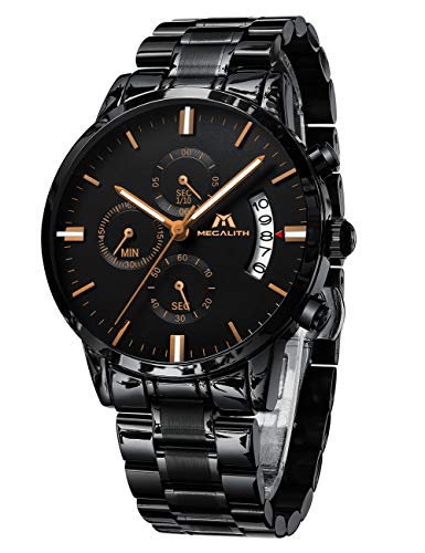 Relojes de Hombre Reloje Grandes de Pulsera Military Negro Cronógrafo Impermeable Acero Inoxidable Reloj para Hombres Calendario Analógico