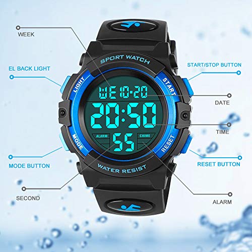 Relojes Infantiles para niños, Reloj Deportivo Digital al Aire Libre a Prueba de Agua con Alarma/Cronómetro, Relojes de Pulsera Digitales Infantiles para niños Cumpleaños Azul RSVOM