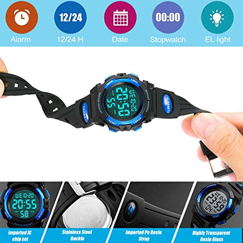 Relojes Infantiles para niños, Reloj Deportivo Digital al Aire Libre a Prueba de Agua con Alarma/Cronómetro, Relojes de Pulsera Digitales Infantiles para niños Cumpleaños Azul RSVOM