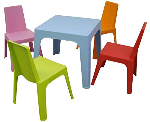 resol Julieta set infantil para interior, exterior, jardín - 1 Mesa Azul + 4 Sillas Roja/Rosa/Naranja/Lima