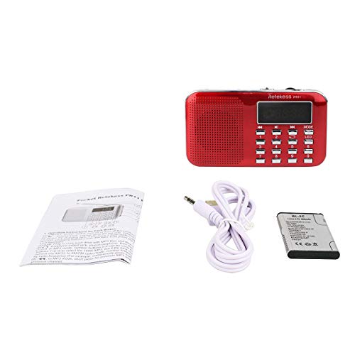 Retekess PR11 Radio Portatil Pequeña, Radio de Bolsillo FM Am Radio con Batería Recargable, Linterna, Radio Transistor, Soporte Unidad USB, Tarjeta TF, Entrada AUX (Rojo)