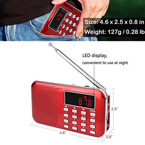 Retekess PR11 Radio Portatil Pequeña, Radio de Bolsillo FM Am Radio con Batería Recargable, Linterna, Radio Transistor, Soporte Unidad USB, Tarjeta TF, Entrada AUX (Rojo)