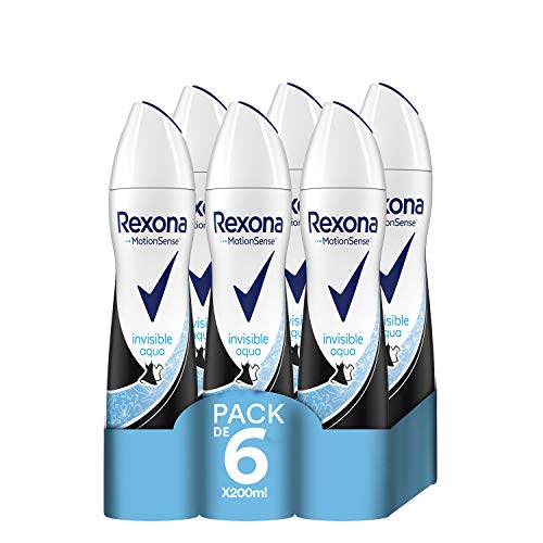 Rexona Invisible Aqua Antitranspirante Aerosol para Mujer Antimanchas, 0% Alcohol 200 ml - Pack de 6 x 200 ml, Total 1200 ml