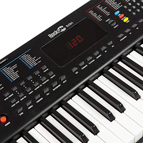 RockJam RJ361 - Teclado Electrónico Portátil de 61 Teclas con Pegatinas de Notas Clave, Fuente de Alimentación y Contenido de la Aplicación Simply Piano