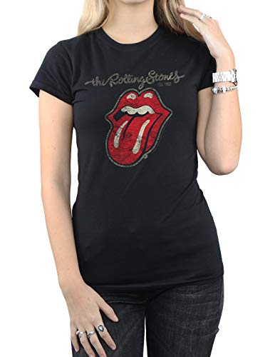 Rolling Stones Plastered Tongue Camisa, Negro, L para Mujer