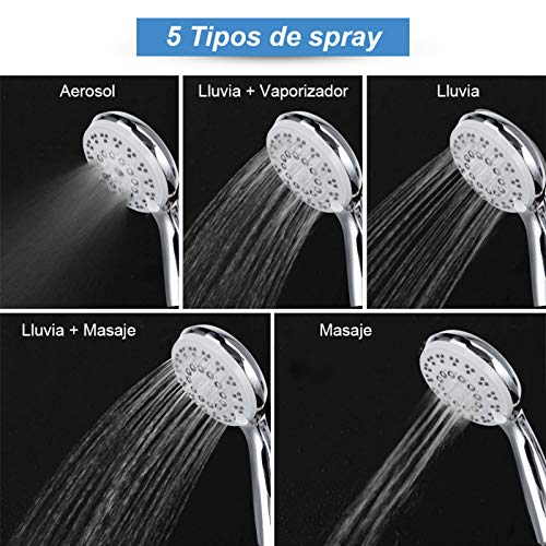 Rovtop Alcachofa de Ducha - Mano la Cabeza de Ducha Ahorro de Agua Extraíble de Cromo Ducha Cabezal de Ducha de Masaje Universal - 5 Modos