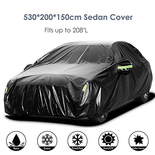 Sailnovo Funda para Coche Exterior Negra Impermeable Resistente al Sol, Polvo, Viento, Lluvia, Nieve y Rasguño 210T para Sedan (5.3 x 2 x 1.5m)