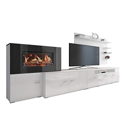 SelectionHome - Mueble salón comedor con chimenea eléctrica, acabado Blanco Mate y Blanco Brillo Lacado, medidas: 290 x 170 x 45 cm de fondo