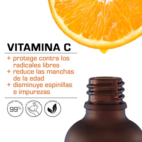 Sérum facial con Vitamina C y ácido hialurónico puro ● 99% natural ● tónico facial con efecto antiarrugas y antiedad para mujer ● para contorno de ojos ● vegano ● 50ml