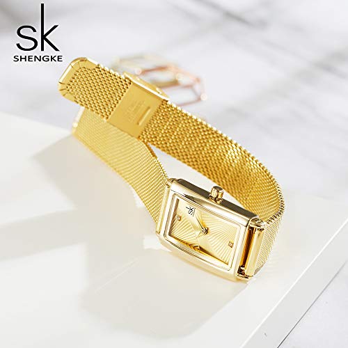 SHENGKE Reloj Femenino Caja Rectangular Reloj de Cuarzo con Banda de Malla milanesa de Acero Inoxidable Reloj de Vestir de Clase Informal de Negocios