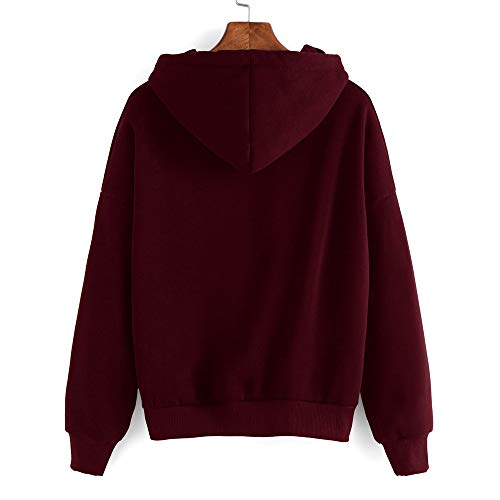 SHOBDW Liquidación Mujeres Señoras Sólidas Ocasionales Lindo Suave Elegante Cuerda Sudadera con Capucha Pullover Top Blusa Sudadera con Capucha de Manga Larga (Vino Rojo,S)