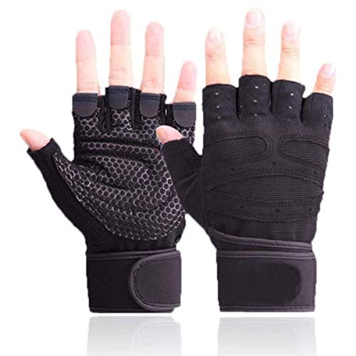 Skevic Guantes Gimnasio Hombre y Mujer - Guantes Gym para Levantamiento de Pesas, Crossfit, Barra Dominadas, Guantes Ciclismo Guantes Fitness con Muñequera Transpirable Antideslizante (Negro, M)