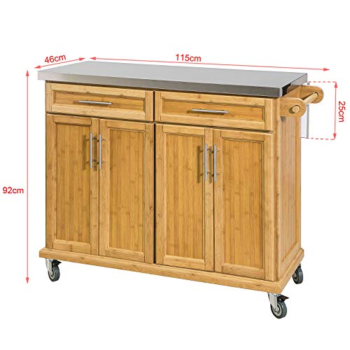 SoBuy FKW69-N,Carrito de Cocina con Piso de Acero,con Tablero Extensible, Carrito de Servir de bambú,L115 x P46 x H92cm,ES