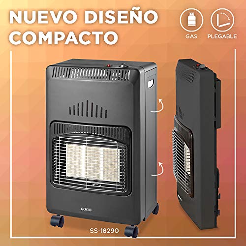 SOGO CAL-SS-18290 - Estufa de Cerámica Gas Butano, Plegable Para Almacenamiento,3 Potencias, Bombonas de 13 Kg, Triple Sistema de Seguridad, 5 Ruedas, 4200 W