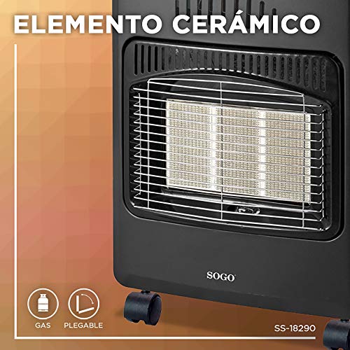 SOGO CAL-SS-18290 - Estufa de Cerámica Gas Butano, Plegable Para Almacenamiento,3 Potencias, Bombonas de 13 Kg, Triple Sistema de Seguridad, 5 Ruedas, 4200 W