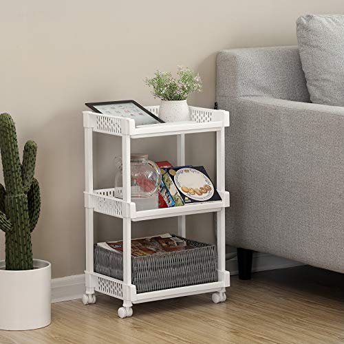 SONGMICS Carrito de Cocina con Ruedas, Estantería con 3 Niveles para Cocina, Oficina y Baño, 61 cm de Altura, Blanco KSC03WT