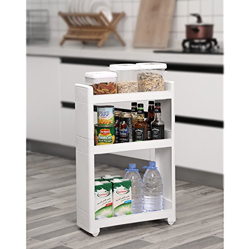 SONGMICS Carrito de Cocina con Ruedas, Estantería Multifuncional con 3 Estantes, para Baño, Cocina, Dormitorio, 17 cm de Ancho, KFR09WT