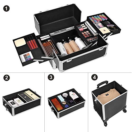 SONGMICS Maleta para Maquillaje, 7 en 1 Multiuso, Profesional, Tipo Trolley, Asa Telescópica, PU Cocodrilo, Extragrande, Negro, JHZ06B