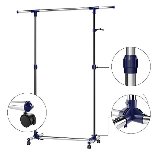 SONGMICS Perchero Extensible con Ruedas, de metal, 150 x 44 x 165 cm, azul LLR01L