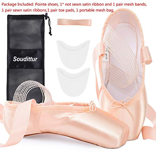 Soudittur Zapatillas de Ballet de Punta Zapatos Satén Puntas de Ballet con Puntera de Gel de Silicona y Cintas para Niñas y Mujeres Rosa EU39 (por Favor Seleccione una Talla más Grande)