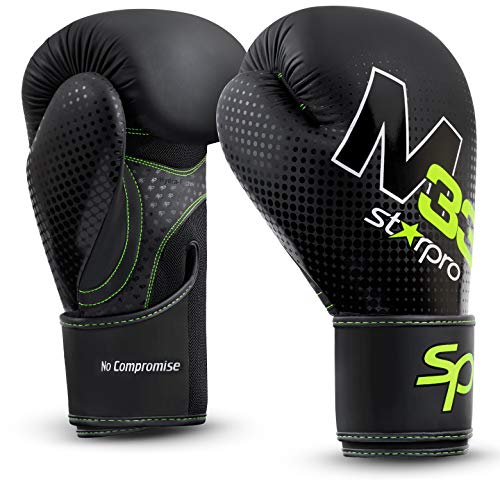 Starpro M33 Single Shell Guantes de Boxeo |Cuero sintético Mate| Negro y Verde |para Entrenamiento y Sparring en Muay Thai Kickboxing Fitness and Boxercise|Hombres y Mujeres| 8oz 10oz 12oz 14oz 16oz