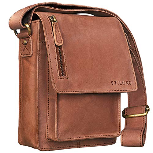 STILORD 'Finn' Bolso Mensajero Mediano de Piel Vintage para Mujeres y Hombres Bolsa de Hombro o Bandolera Mariconera Tablet de 8.4' auténtico Cuero, Color:Cognac - marrón Claro