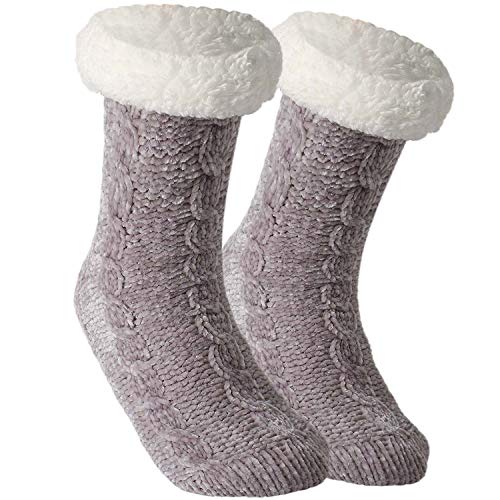 Tacobear Zapatillas Casa Mujer Calcetines Antideslizantes Cálido Calcetines Invierno con suela Calcetines Zapatilla Gruesos Lana Calcetines de Piso para Mujer Hombres (Gris claro, sin pompom)