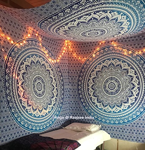 Tapiz Raajsee de regalo de Navidad, azul con degradado y Mándala, tapiz de elefante bohemio, diseño psicodélico para colgar en la pared, tapiz hippie de 220 x 240 cm