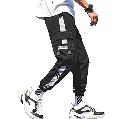 Tasty Life Pantalones De Hip-Hop para Hombres, Pantalones Casuales De Moda, Pantalones Sueltos con Bolsillos Laterales con Cordón, Ropa De Rock para Adolescentes Estilo Harajuku(M,Black)